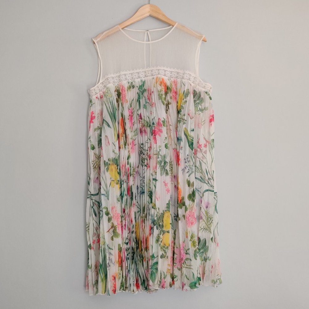 Tadashi Shoji Pleated Floral Gauze Dress Sleeveless: Spring, Lightweight, Lace